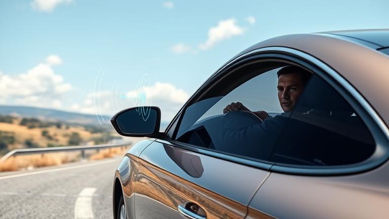 alt_text: Car window with adjustable seals on a scenic road to reduce wind noise.
