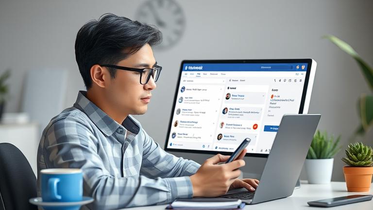 alt_text: Person in modern home office deleting Facebook messages on their screen.