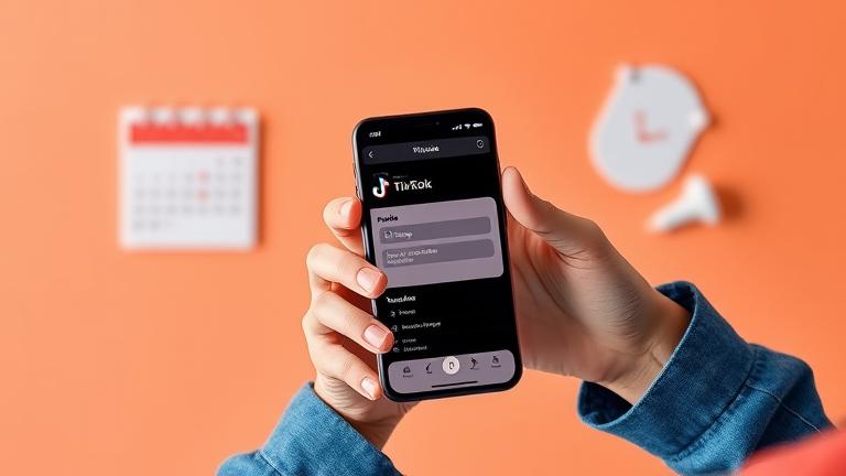 alt_text: Person updates TikTok age settings on smartphone with calendar and icons in vibrant colors.