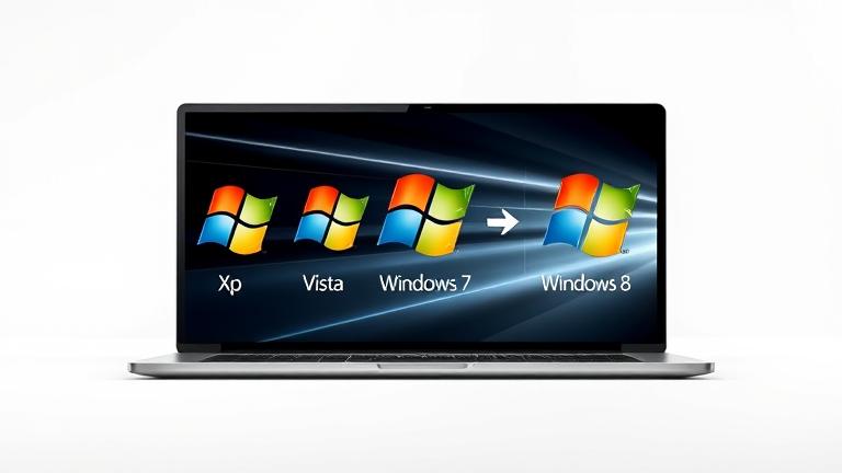alt_text: Showcasing Windows evolution from XP to 8 with logos, arrows, and a modern screen.