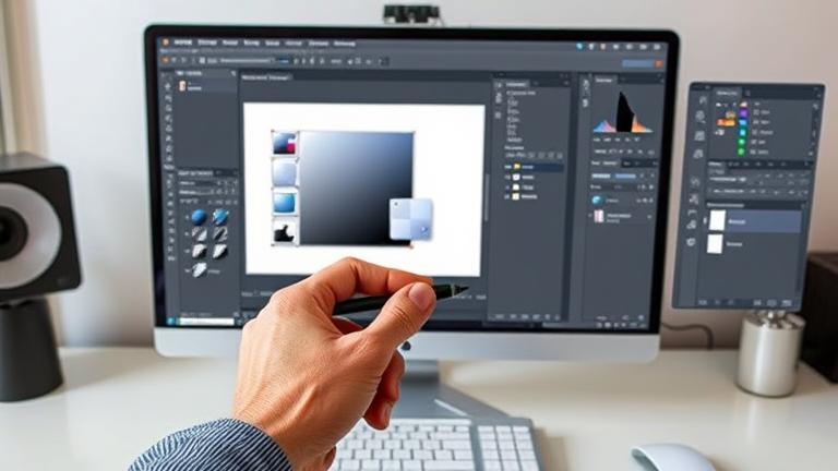 alt_text: Photoshop workspace with layers, group mask, hand, and stylus on a modern desk.