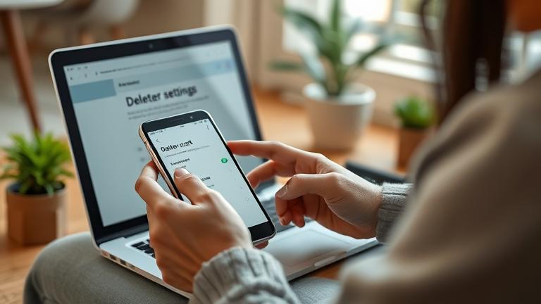 alt_text: Person managing account settings on a device in a cozy, modern workspace with secure visuals.