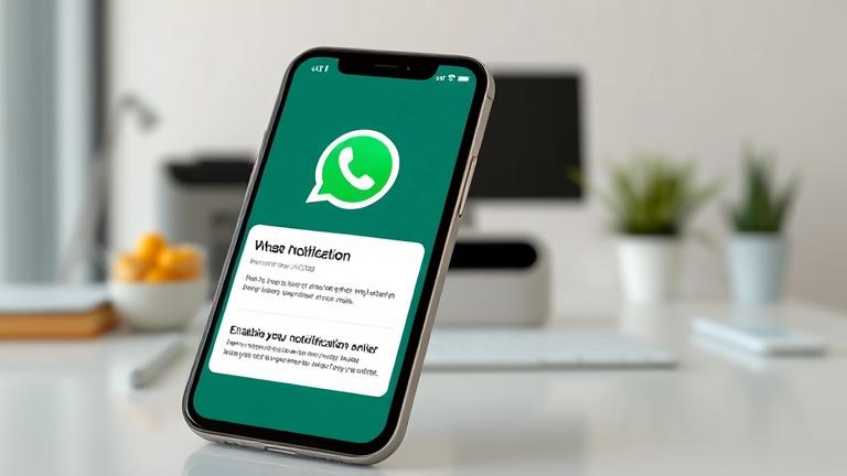 alt_text: Smartphone screen showing WhatsApp popup notification in a modern workspace setting.