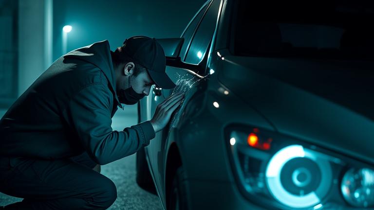 alt_text: Person discreetly vandalizes a car in low light, with shadows and subtle damage cues.