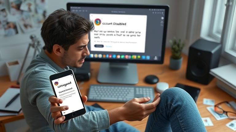 alt_text: Frustrated person at desk with "Account Disabled" on phone, social media alerts around.