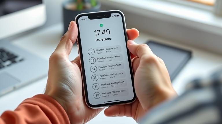 alt_text: Person setting hourly alarms on iPhone clock app in a modern workspace.