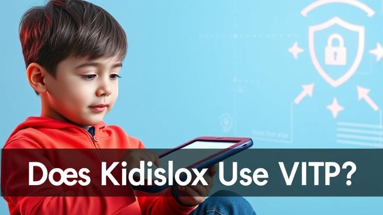 alt_text: Kid using device with shield and VPN symbols, highlighting Kidslox safety and privacy.