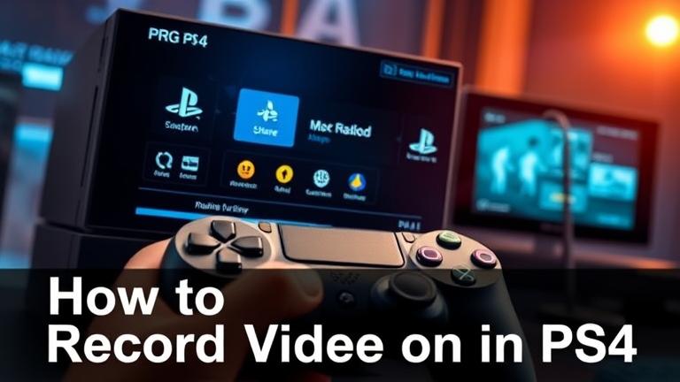 alt_text: PS4 console with controller, highlighting recording interface and "How to Record Video on PS4" text.