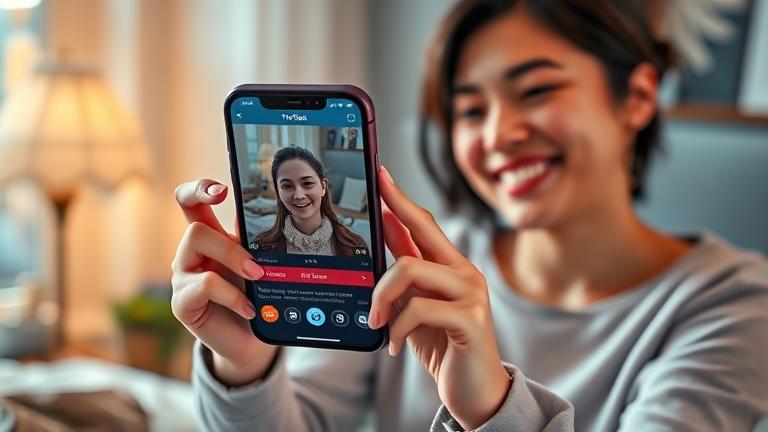 alt_text: Person saving a TikTok video privately on smartphone in cozy setting, smiling gently.