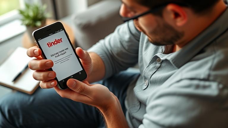 alt_text: Frustrated person with phone showing Tinder deletion error, in a realistic, cozy setting.