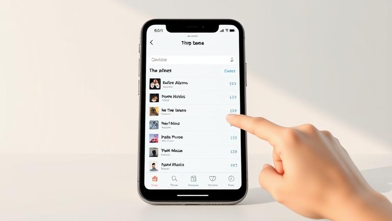 Alt text: Smartphone screen showing music library with a tap to delete an album, minimal background.
