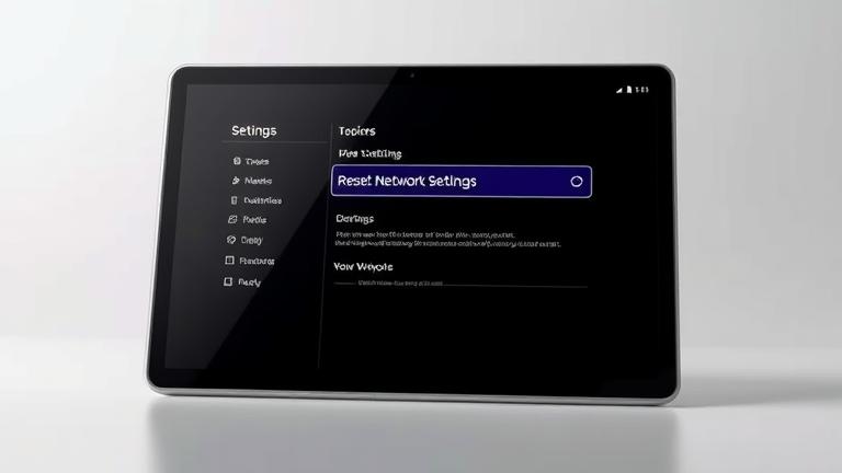 Galaxy Tab S8 displaying 'Reset Network Settings' menu with network icons and glowing effects.