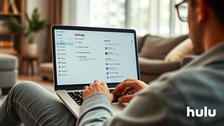 alt_text: Person managing Hulu profiles on laptop in cozy home setting, highlighting account options.