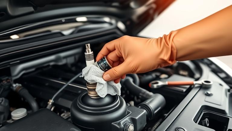 Alt_text: Mechanic cleaning oil from spark plug well in engine bay with gloves, tools, and catch tray.