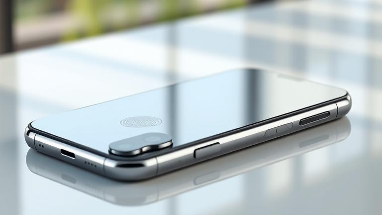 alt_text: Realistic iPhone 11 close-up highlighting fingerprint security with soft lighting.