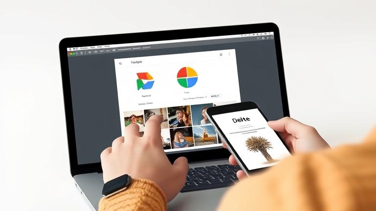 alt_text: Person deleting photos on Google Photos via laptop, showing delete confirmation and cursor.