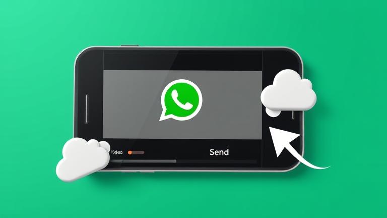 alt_text: Smartphone with WhatsApp, large video being sent, progress bar, arrows, cloud icons.
