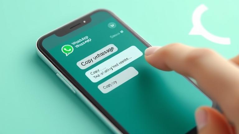 alt_text: WhatsApp chat with a copied message highlighted, showing "Copy" option and finger hold.