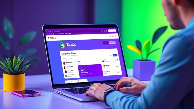 alt_text: Person creating a private Slack channel on laptop in a vibrant, productive workspace.