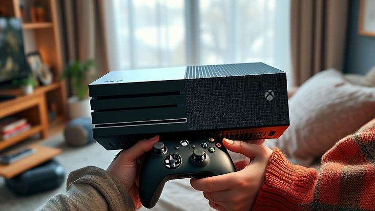alt_text: A person holds an Xbox One, showing its large size compared to a remote and soda can.