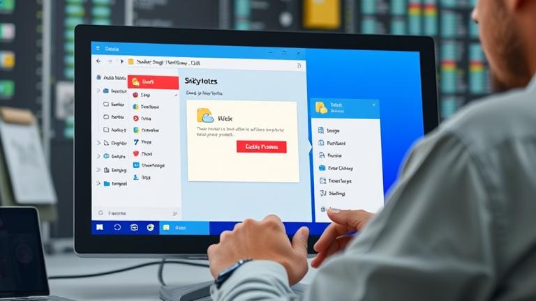 alt_text: Person uses Windows 10 with Sticky Notes, backup icons, cloud symbols, in a tech workspace.