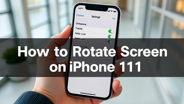 alt_text: iPhone 11 with settings showing orientation lock, titled "How to Rotate Screen."