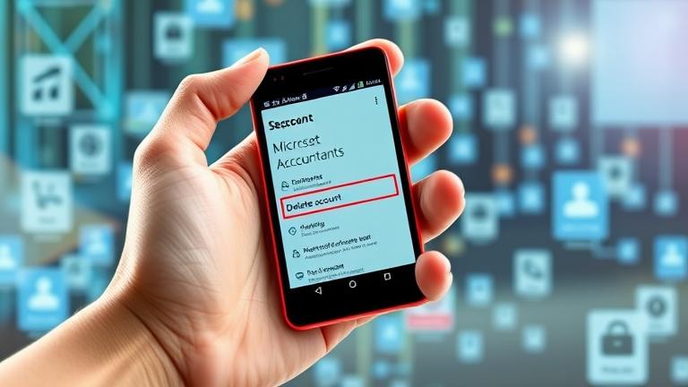 alt_text: Person holding Nokia Lumia, screen shows Microsoft account settings with delete option highlighted.