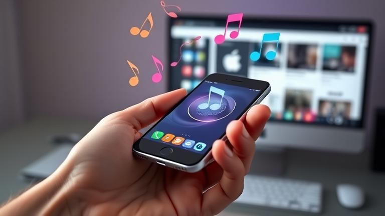 alt_text: Modern iPhone with music icons, waveforms, and cloud hints showing easy music transfer.