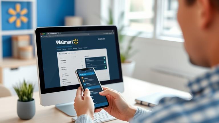 alt_text: Person managing Walmart subscription on screen, with branding and a clean, modern setting.