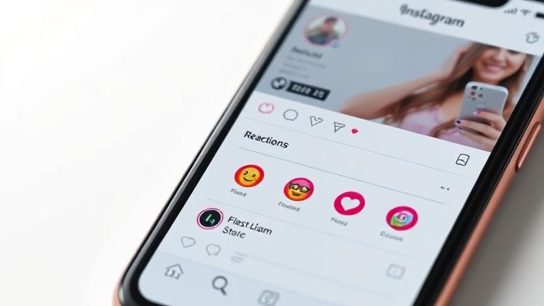 alt_text: Smartphone screen showing customizable Instagram reactions with tapping, modern background.