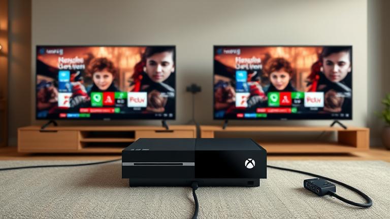 alt_text: Xbox One connected to two TVs via splitter, displaying same gameplay in a cozy living room.