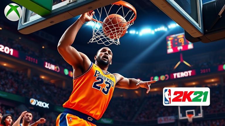 alt_text: Realistic NBA 2K21 dunk scene on Xbox with cheering fans, controller, and game logo.