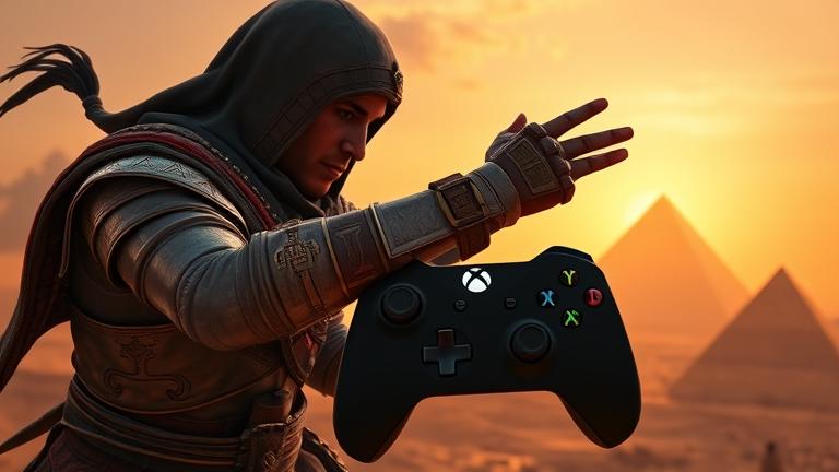 alt_text: Bayek parries an enemy in Assassin's Creed Origins on Xbox, with pyramids at sunset.