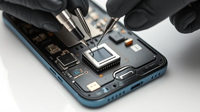 alt_text: Technician installing a magnetic sensor inside an Android phone, highlighting internal components.