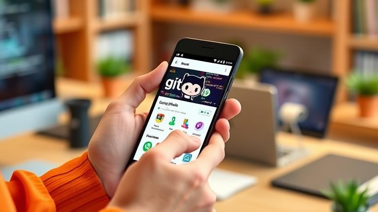 alt_text: Person installing and using GitHub on Android device, highlighting mobile coding and collaboration.