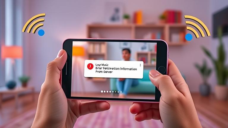 alt_text: User faces Google Play Music error with loading spinner, Wi-Fi issues, in a home setting.