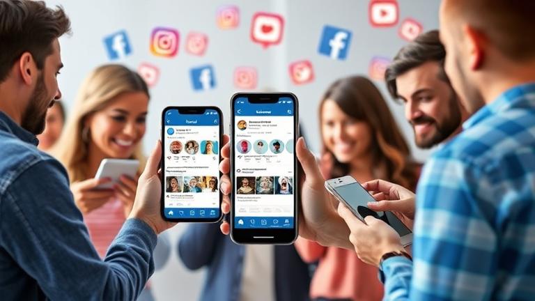 alt_text: Diverse people on phones connecting Facebook friends on Instagram with social icons.