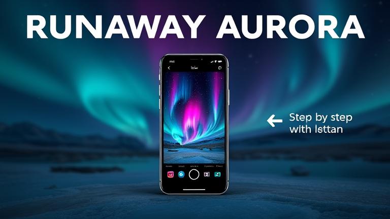 alt_text: Smartphone showing Instagram with Aurora filter over scenic night, tutorial icons nearby.