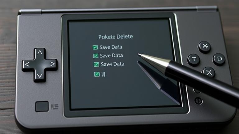 Handheld gaming console displaying Pokémon Black save data menu, focusing on deleting saves.