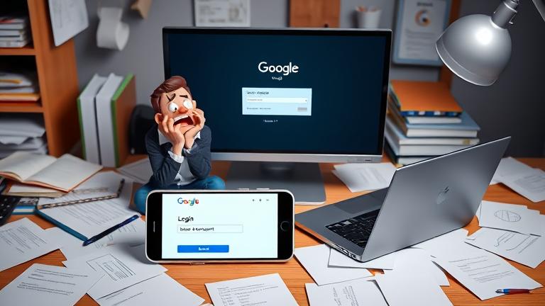 alt_text: Frustrated person at desk trying to recover Google account without phone or email.