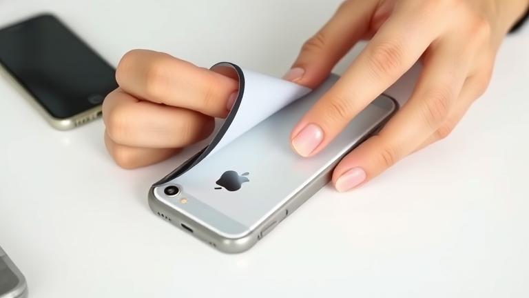 alt_text: Hands gently removing a Mophie case from an iPhone 6 on a clean desk.