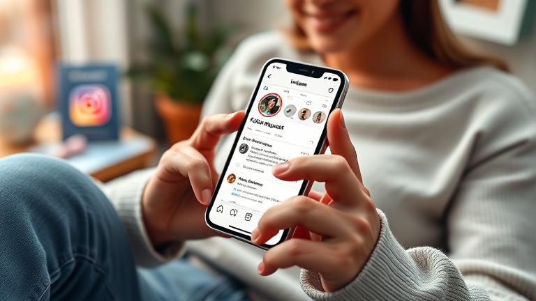 alt_text: Person managing Instagram follow requests in a cozy, inviting space using their phone.