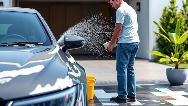 alt_text: Person eco-friendly car washing with buckets and mitts in a modern outdoor space.