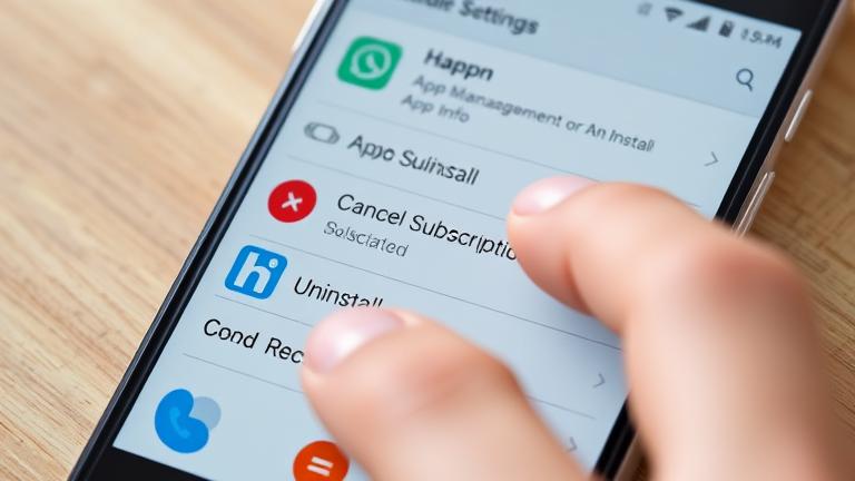 alt_text: Android phone screen showing app info with 'Uninstall' option for Happn app.