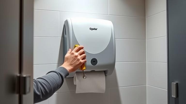 alt_text: Person tries to open a key-locked paper towel dispenser in a clean, modern bathroom.