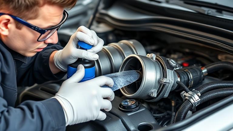 alt_text: Mechanic cleaning a car's turbocharger in a workshop with safety gear and detailed engine parts.