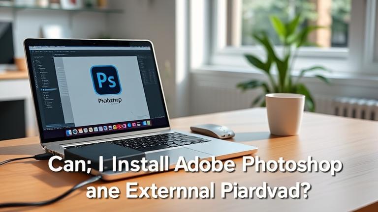 alt_text: Laptop with Photoshop open, connected to external drive in a modern workspace.