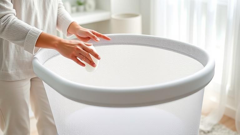 alt_text: Parent gently cleaning the breathable mesh of a SNOO bassinet in a bright nursery.