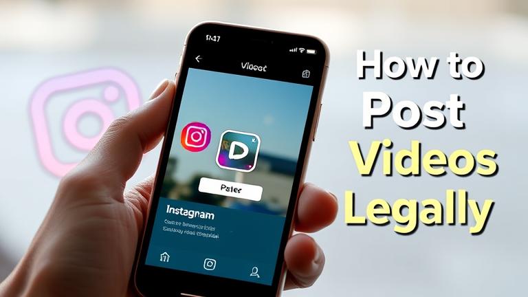 Smartphone showing Instagram video upload, with copyright shield and "How to Post Videos Legally" overlay.