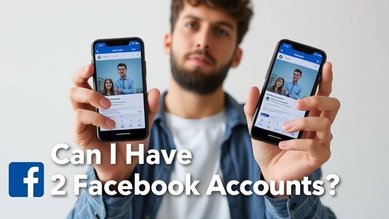 alt_text: Person holding 2 phones with Facebook profiles, pondering multi-account management.